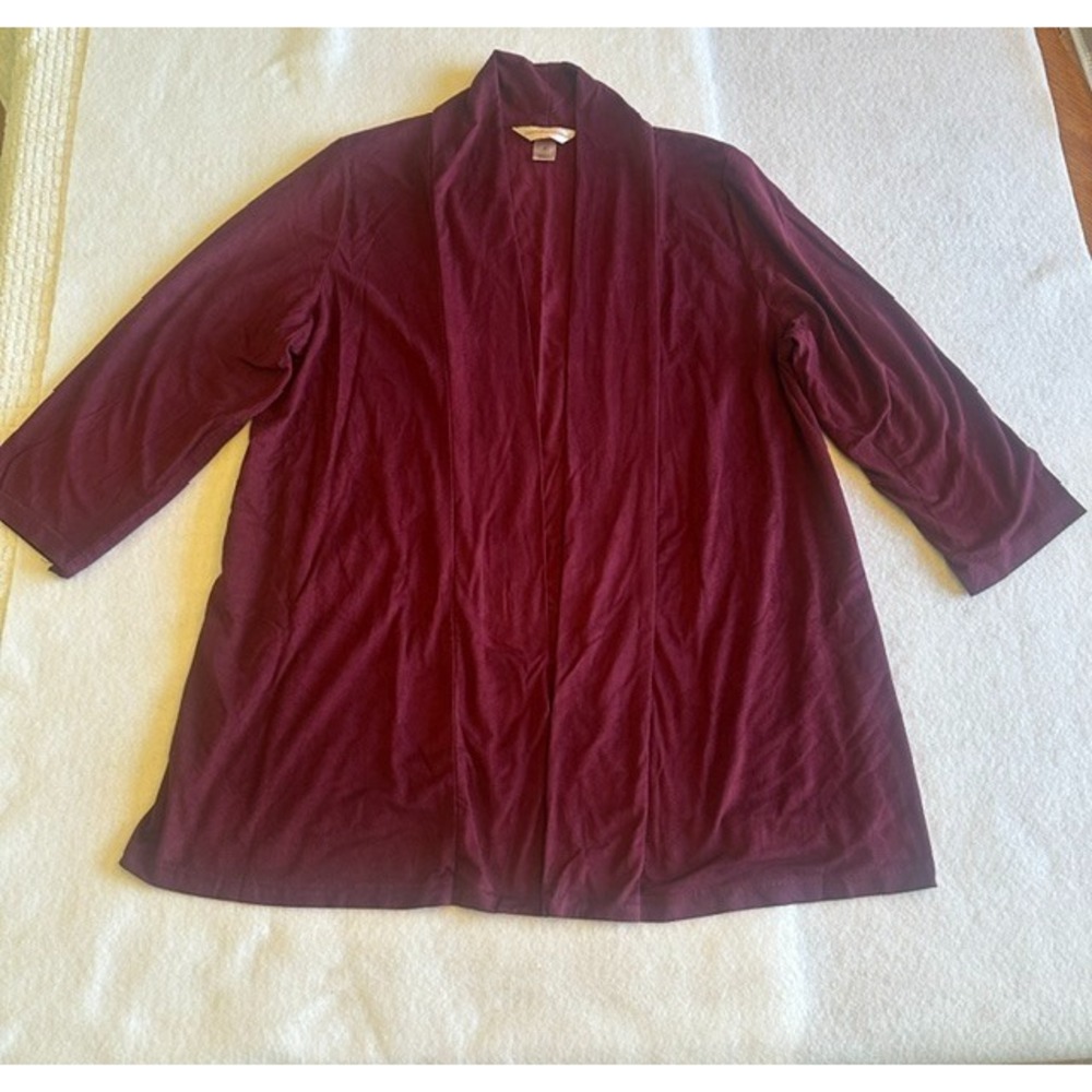 Christopher Banks Open Front Cardigan Womens Medium Burgundy Red 3 4 Sleeve